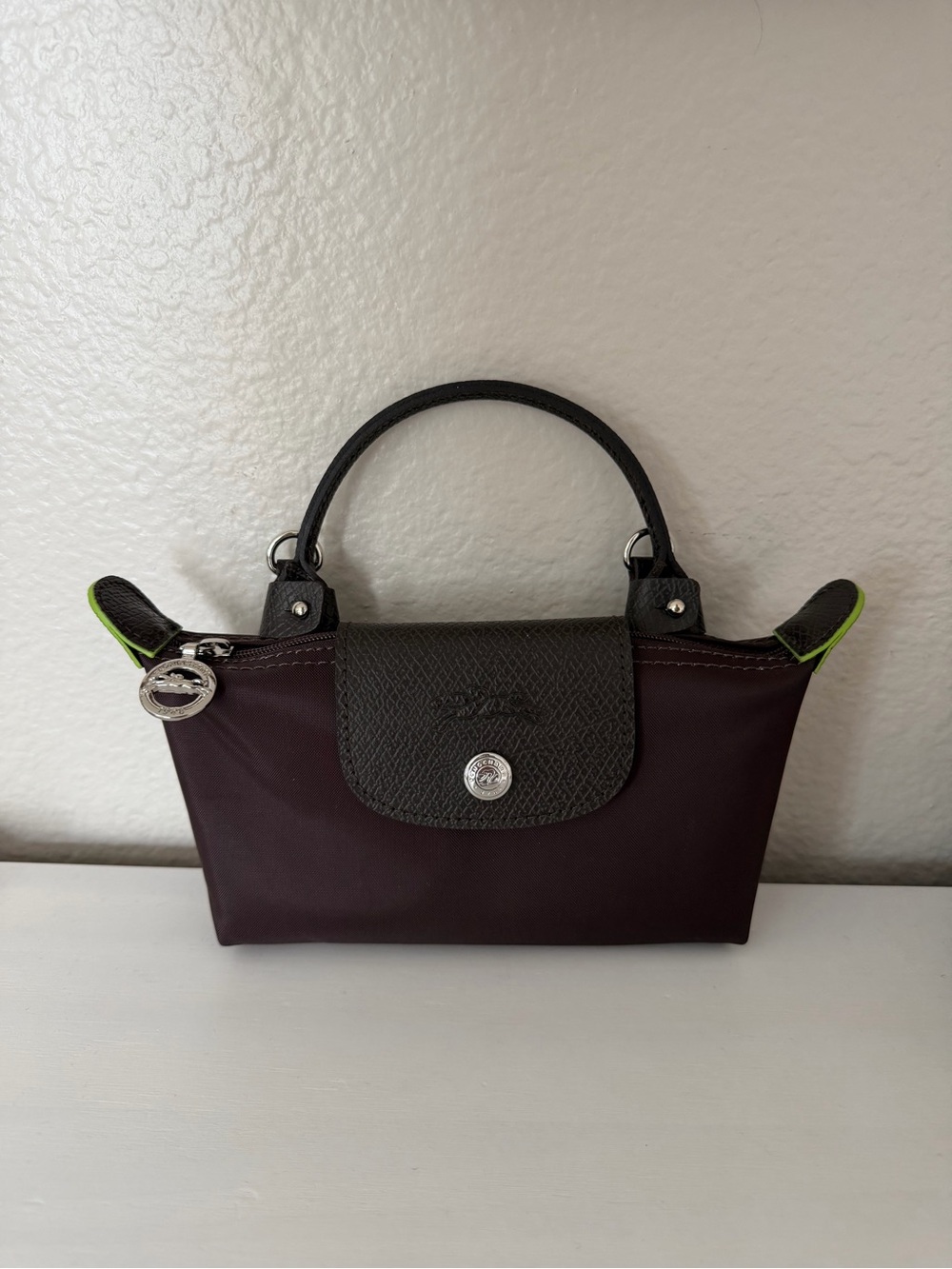 Mini Longchamp Crossbody Bag in Dark Brown and Green Detailing